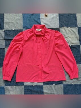 VTG 80s Judy Bond Pink Blouse Bow Tie Neck Puff Sleeve Flowy Bright Size 16